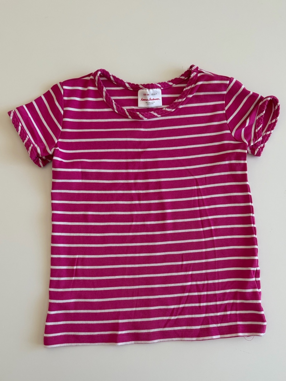 Hanna Andersson Girls 6-7 Magenta & White Striped Short Sleeve Tee